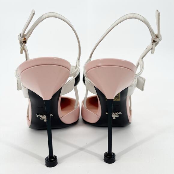 Prada Pink White Brushed Leather Logo Strap Slingback Cap Toe Heels IT 40 - Picture 10 of 16